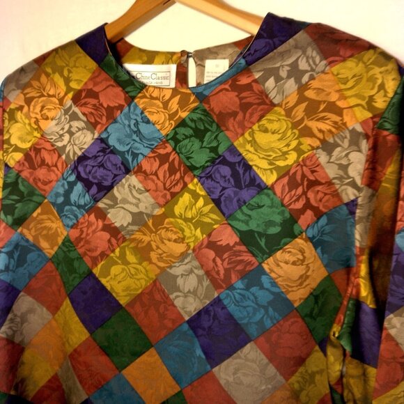 La Chine Classic Blouse Size 12 Satin Polyester Patch Look Rose Long Slv Vintage - Picture 2 of 16